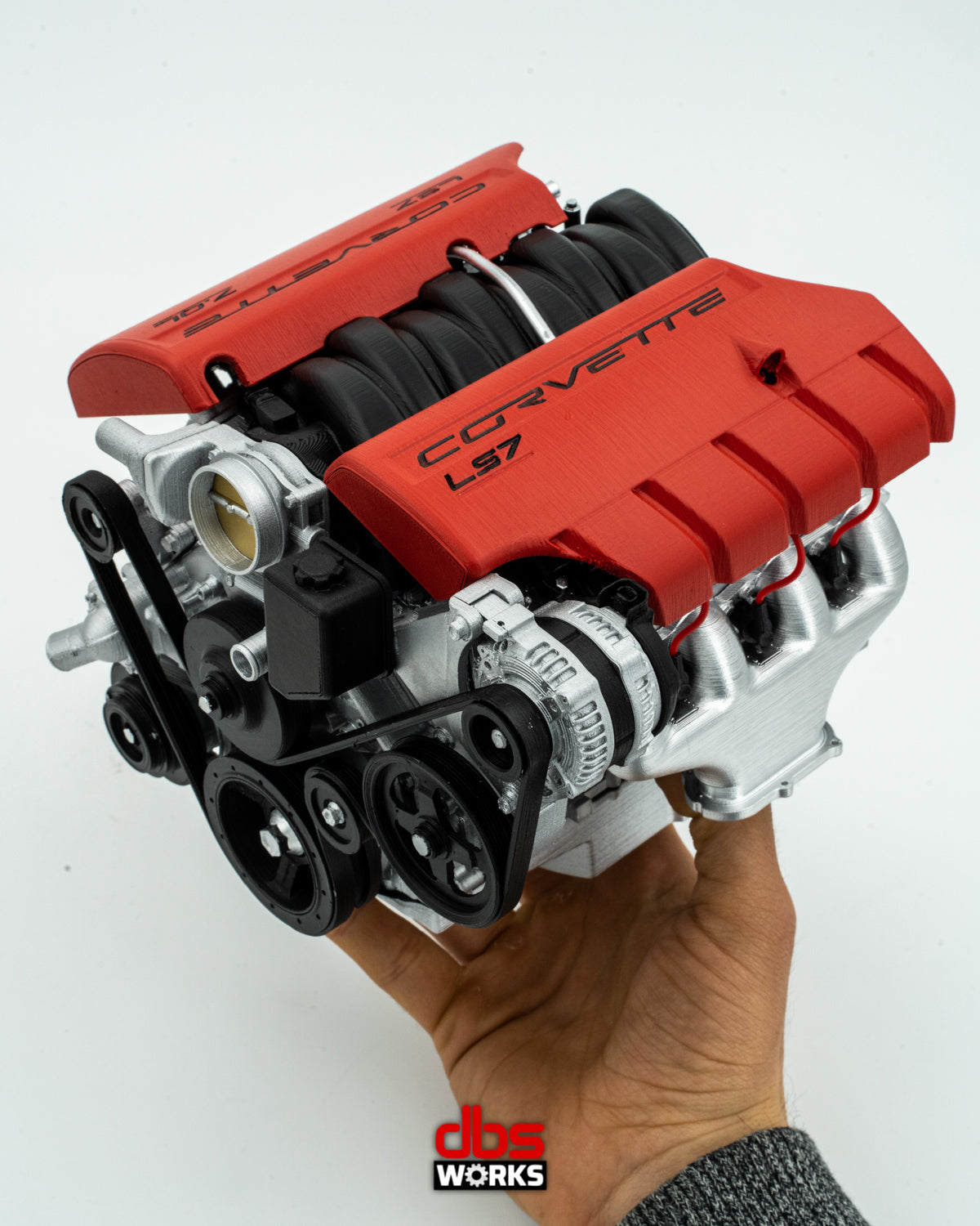 Pre-assembled 1-8 scale LS7 Corvette Z06 engine on display stand, fully painted